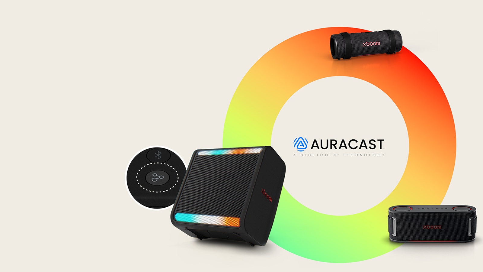 On a rainbow-colored circle xboom Grab, Bounce and Stage 301 are placed in a clock-wise order. Next to the xboom Stage 301 its Auracast button's image is placed in a circle.	