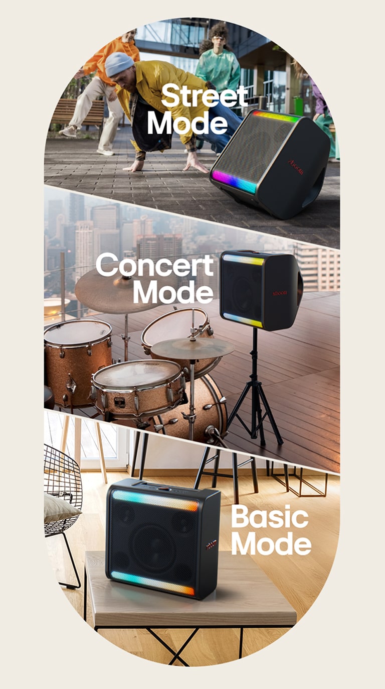 On the left xboom Stage 301 stands on the ground in front of dancing peoeple. In the middle part xboom Stage 301 is placed on its stand next to drums. On the right xboom Stage 301 stands on a table in a living room.	