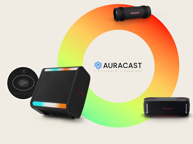 On a rainbow-colored circle xboom Grab, Bounce and Stage 301 are placed in a clock-wise order. Next to the xboom Stage 301 its Auracast button's image is placed in a circle.	