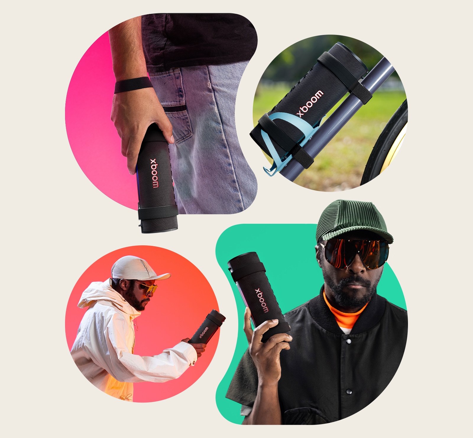 On the upper left side, xboom Grab is held with its strap on someone's wrist. On the upper right side, xboom Grab is placed on a bicycle's water bottle holder. On the bottom left, will.i.am in white outfit is holding xboom Grab with his right hand. On the bottom right, will.i.am in black outfit is holding xboom Grab with his right hand.	