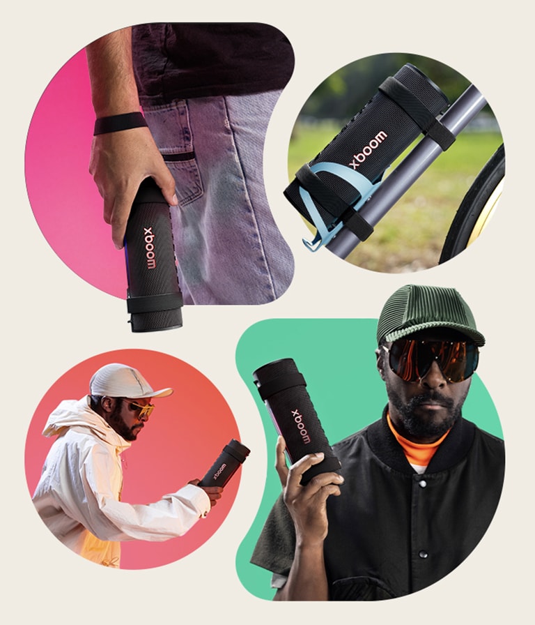 On the upper left side, xboom Grab is held with its strap on someone's wrist. On the upper right side, xboom Grab is placed on a bicycle's water bottle holder. On the bottom left, will.i.am in white outfit is holding xboom Grab with his right hand. On the bottom right, will.i.am in black outfit is holding xboom Grab with his right hand.	