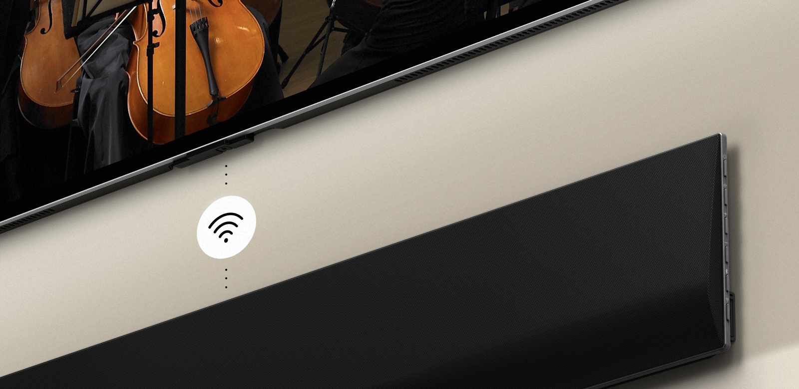 A close up of an LG Soundbar below a LG TV. A connectivity symbol is in between LG Soundbar and a LG TV, showing WOWCAST's wireless operation.