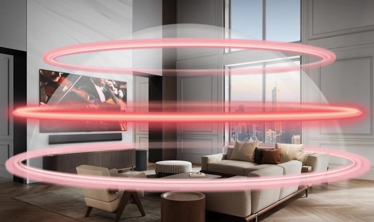 LG Soundbar and LG TV are in a grand city apartment. Three red bands appear one at a time depicting virtual layers, and come together to create a whole sound dome.