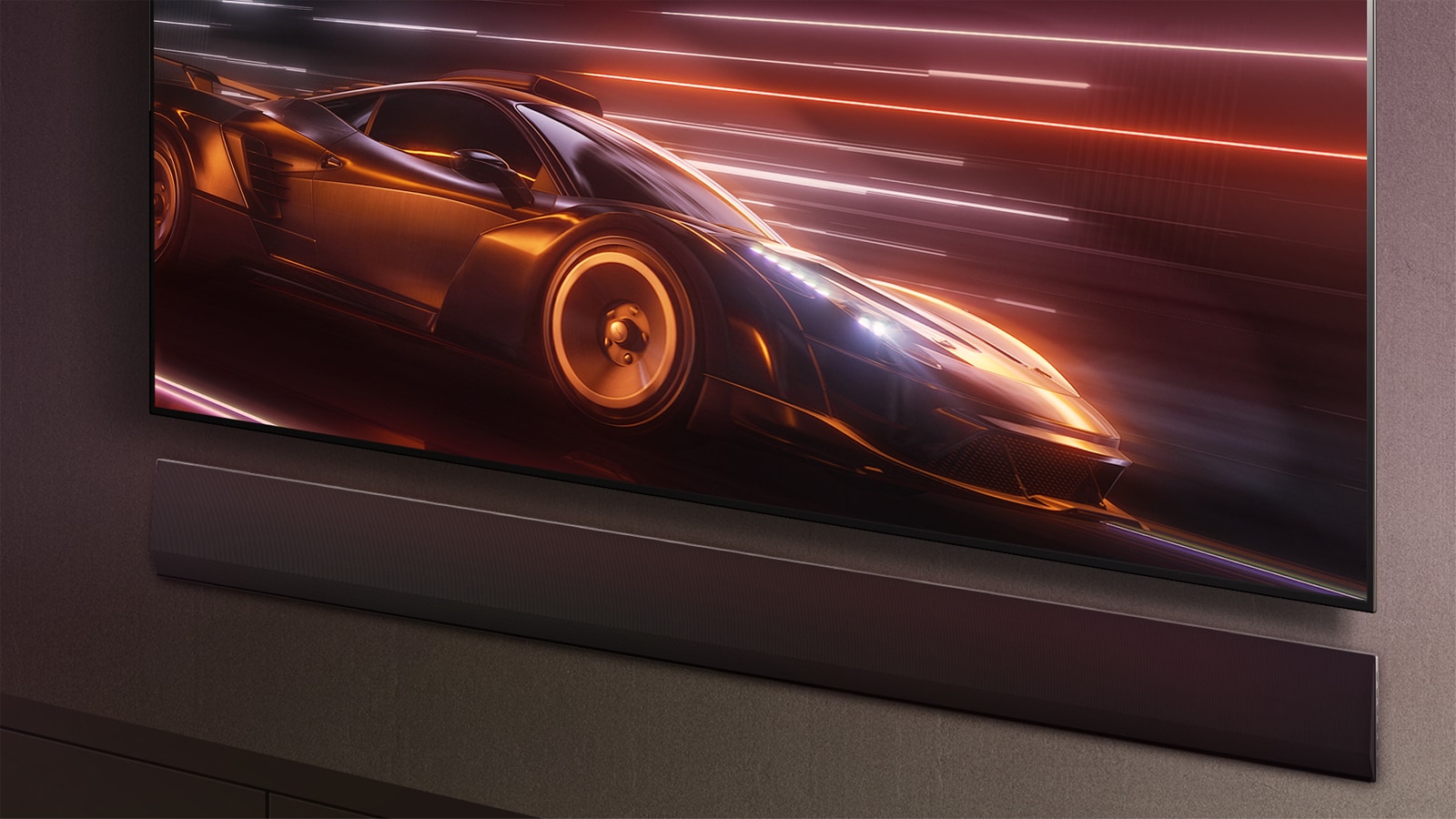 LG Soundbar and LG TV are shown together. A racing car game is displayed on screen. 