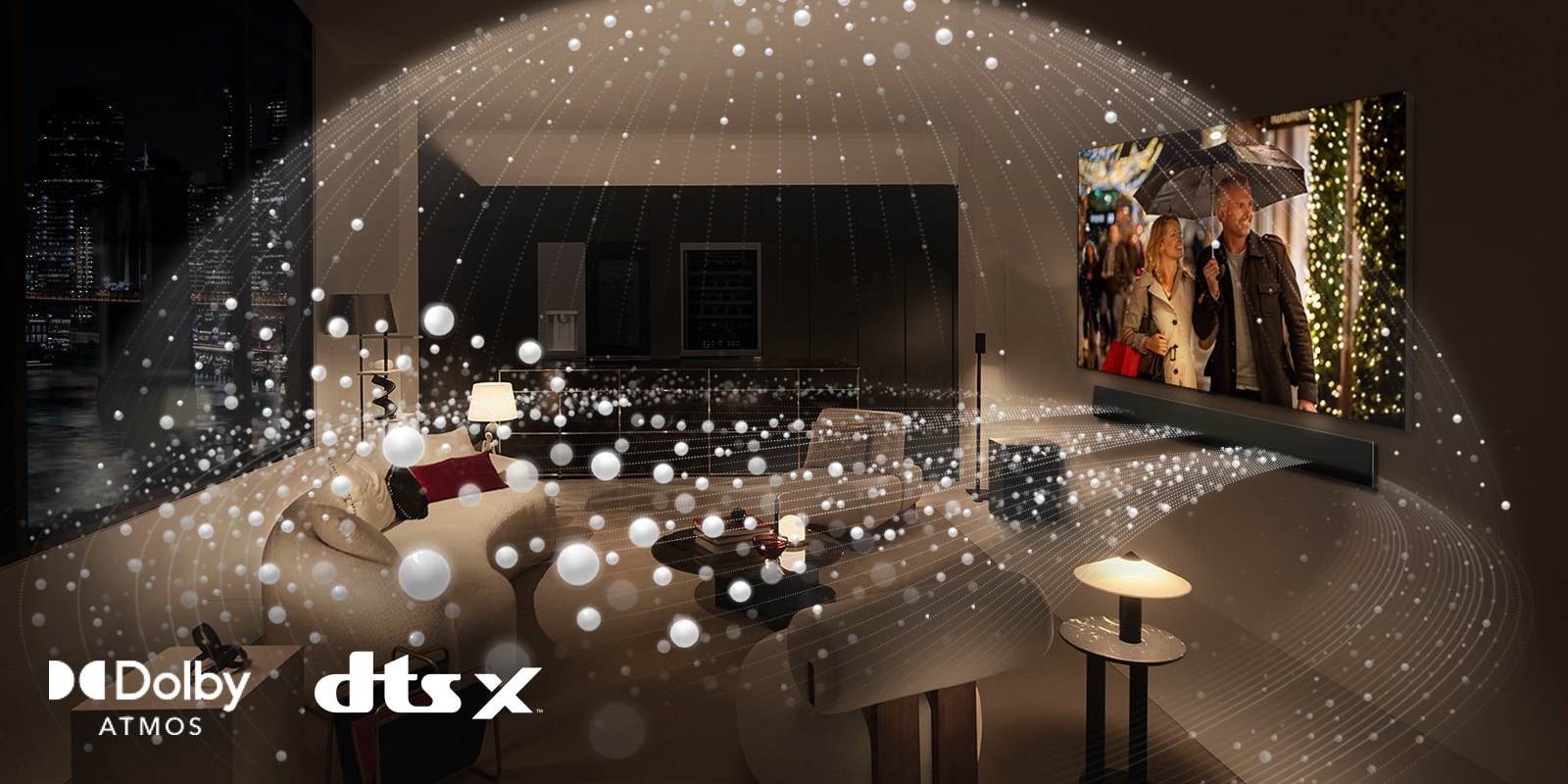A movie plays on an LG OLED TV and LG Soundbar in a modern city apartment in a side angle view. White beads depicting sound waves project upwards and downwards from the Soundbar and TV, creating a dome of sound in the space.  Dolby Atmos logo DTS X logo