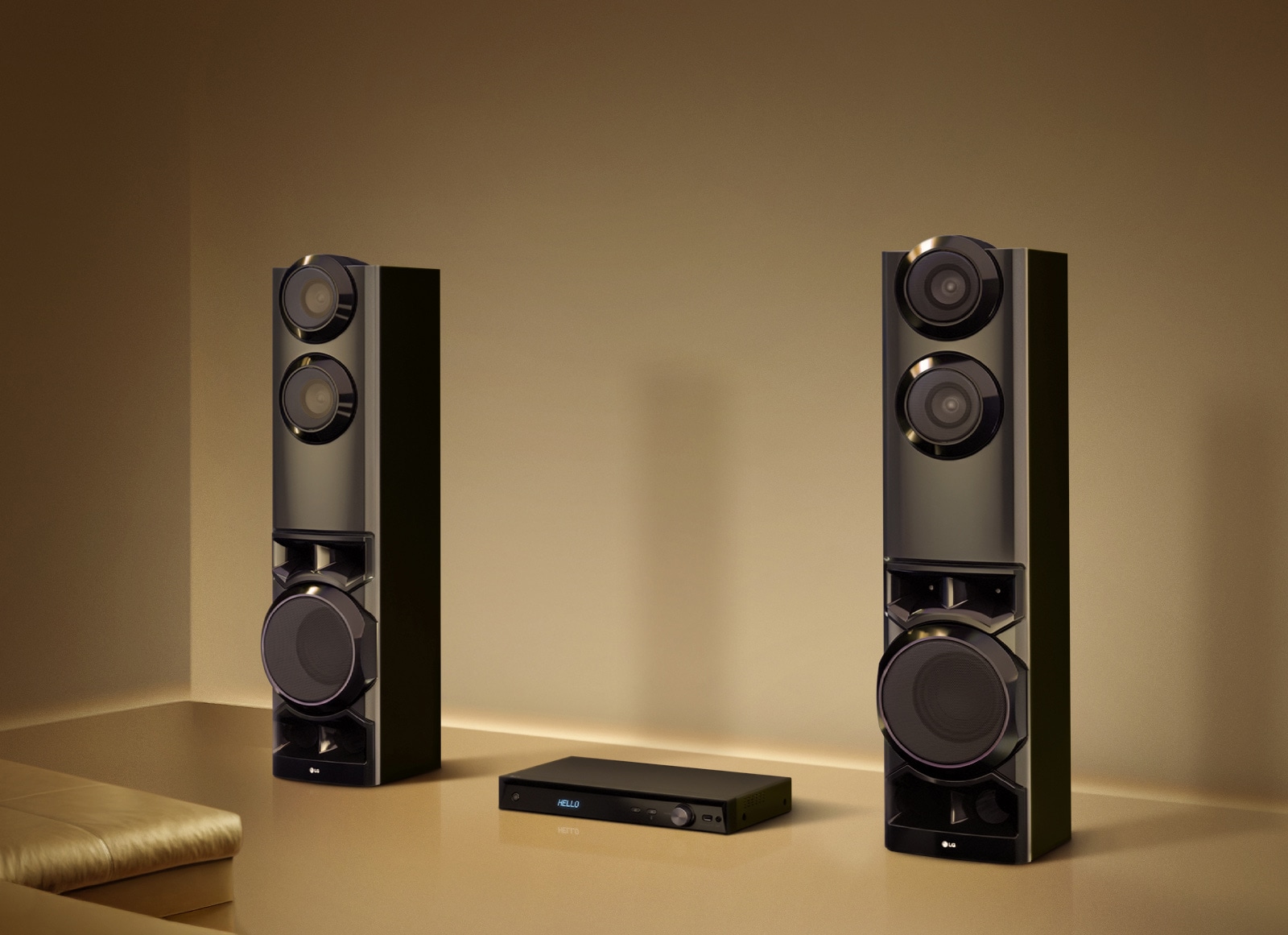 LG MR9 dual tower speaker system with 1250W sound and built-in subwoofers in a minimalist living space