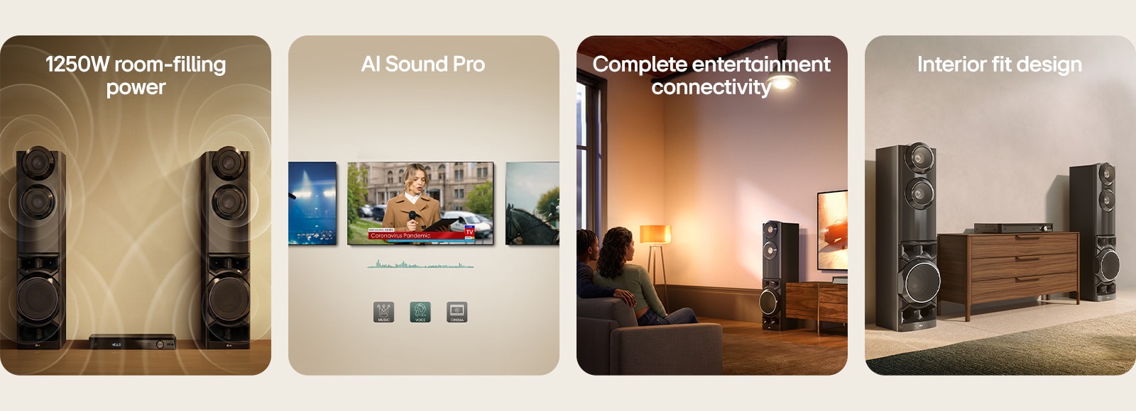 1) Dual tower speakers delivering 1250W room-filling sound with visible sound waves across the space 2) AI Sound Pro adjusting audio for music, voice, and cinema content on a TV display 3) Home entertainment setup with dual tower speakers connected to TV for movies and streaming content 4) Dual tower speakers placed in a modern living room interior with space-saving design
