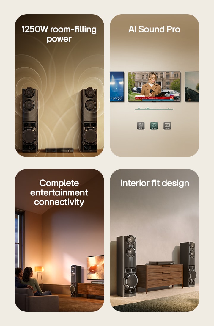 1) Dual tower speakers delivering 1250W room-filling sound with visible sound waves across the space 2) AI Sound Pro adjusting audio for music, voice, and cinema content on a TV display 3) Home entertainment setup with dual tower speakers connected to TV for movies and streaming content 4) Dual tower speakers placed in a modern living room interior with space-saving design
