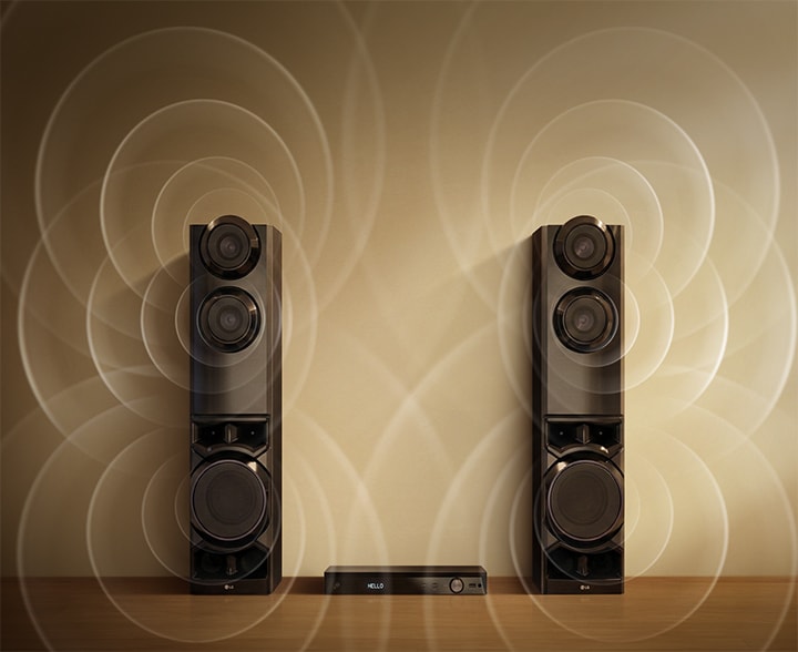 Dual tower speakers delivering 1250W room-filling sound with visible sound waves across the space
