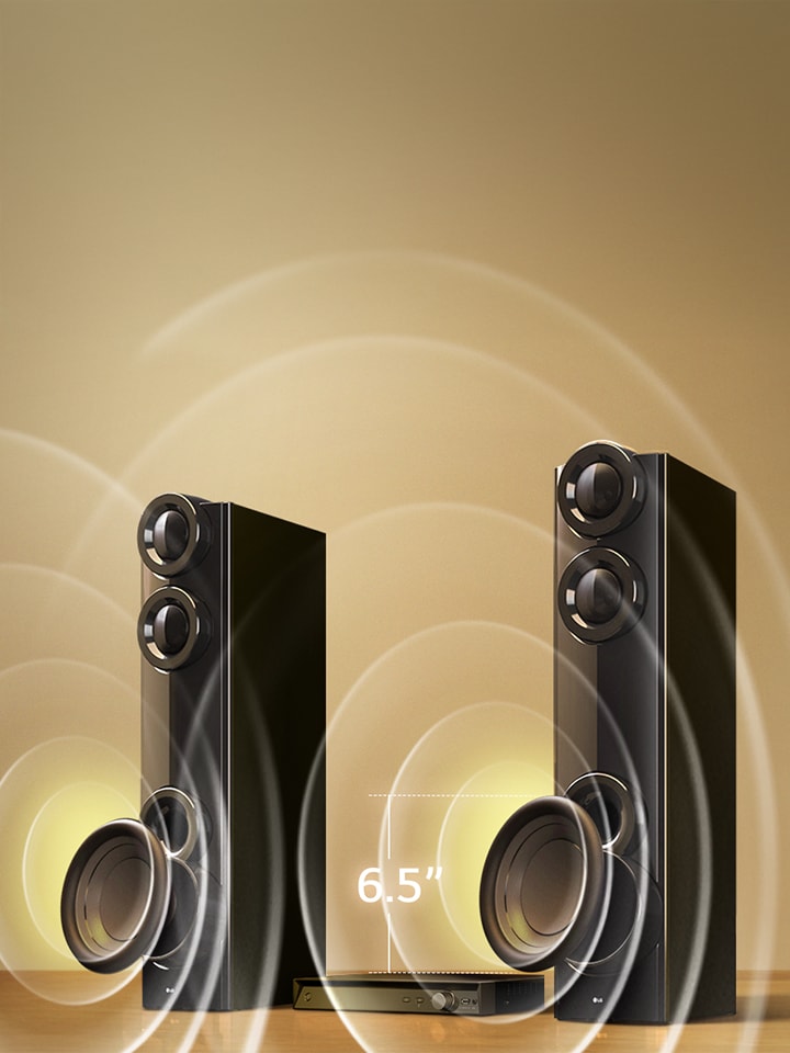 Dual tower speakers delivering 1250W room-filling sound with visible sound waves across the space
