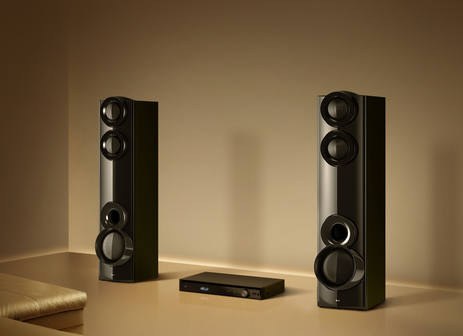 LG XBOOM MR7 dual tower speaker system with 1000W power, front view showing two tall speakers and central unit in a warm interior setting