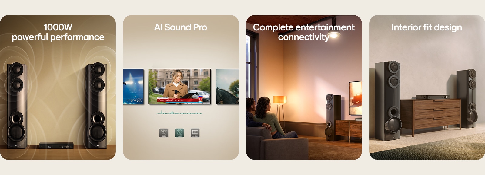 1) LG XBOOM MR7 1000W powerful sound system with dual tower speakers and visible sound waves illustrating room-filling audio performance 2) AI Sound Pro adjusting audio for music, voice, and cinema content on a TV display 3) Home entertainment setup with dual tower speakers connected to TV for movies and streaming content 4) Dual tower speakers placed in a modern living room interior with space-saving design