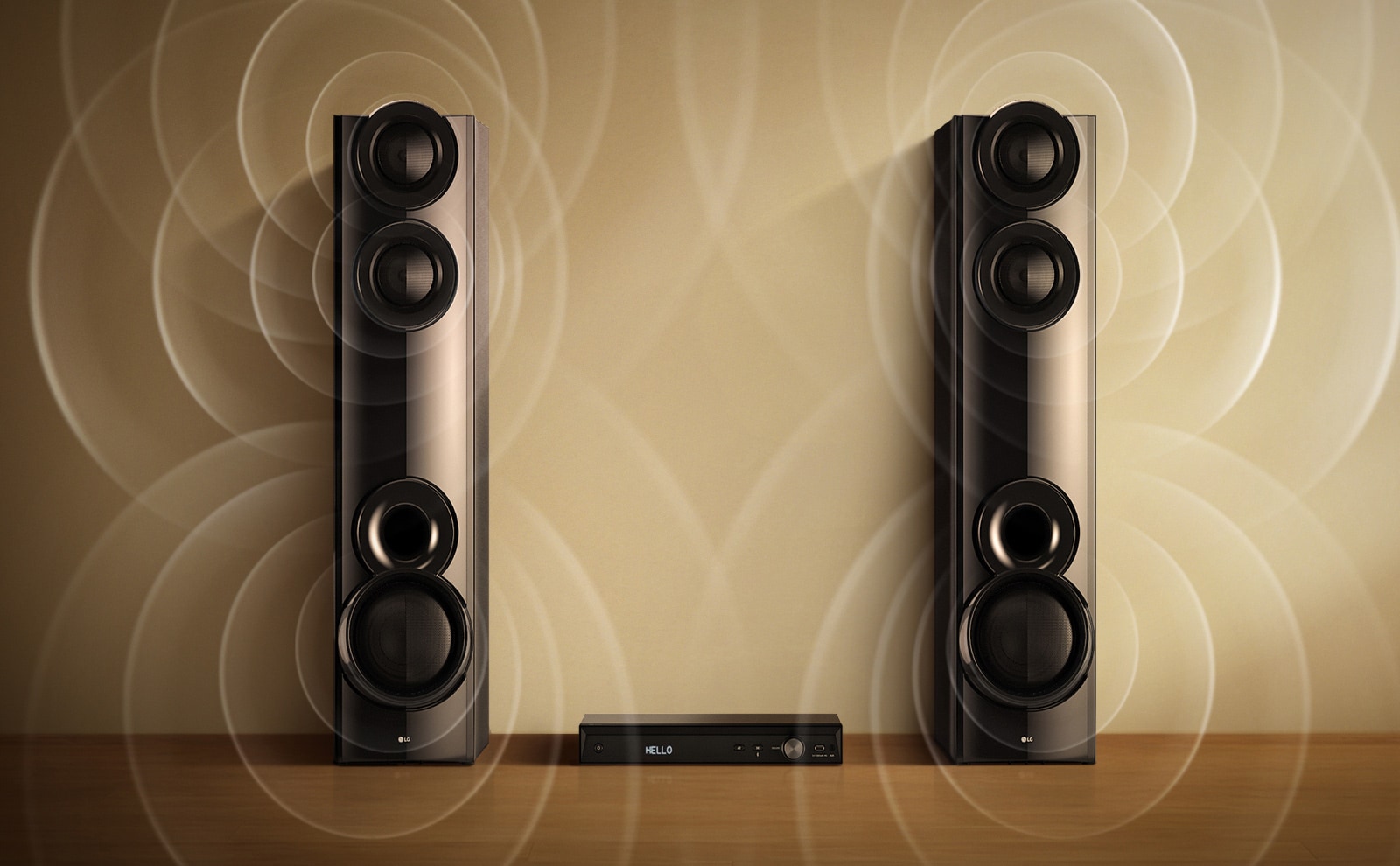 LG XBOOM MR7 1000W powerful sound system with dual tower speakers and visible sound waves illustrating room-filling audio performance