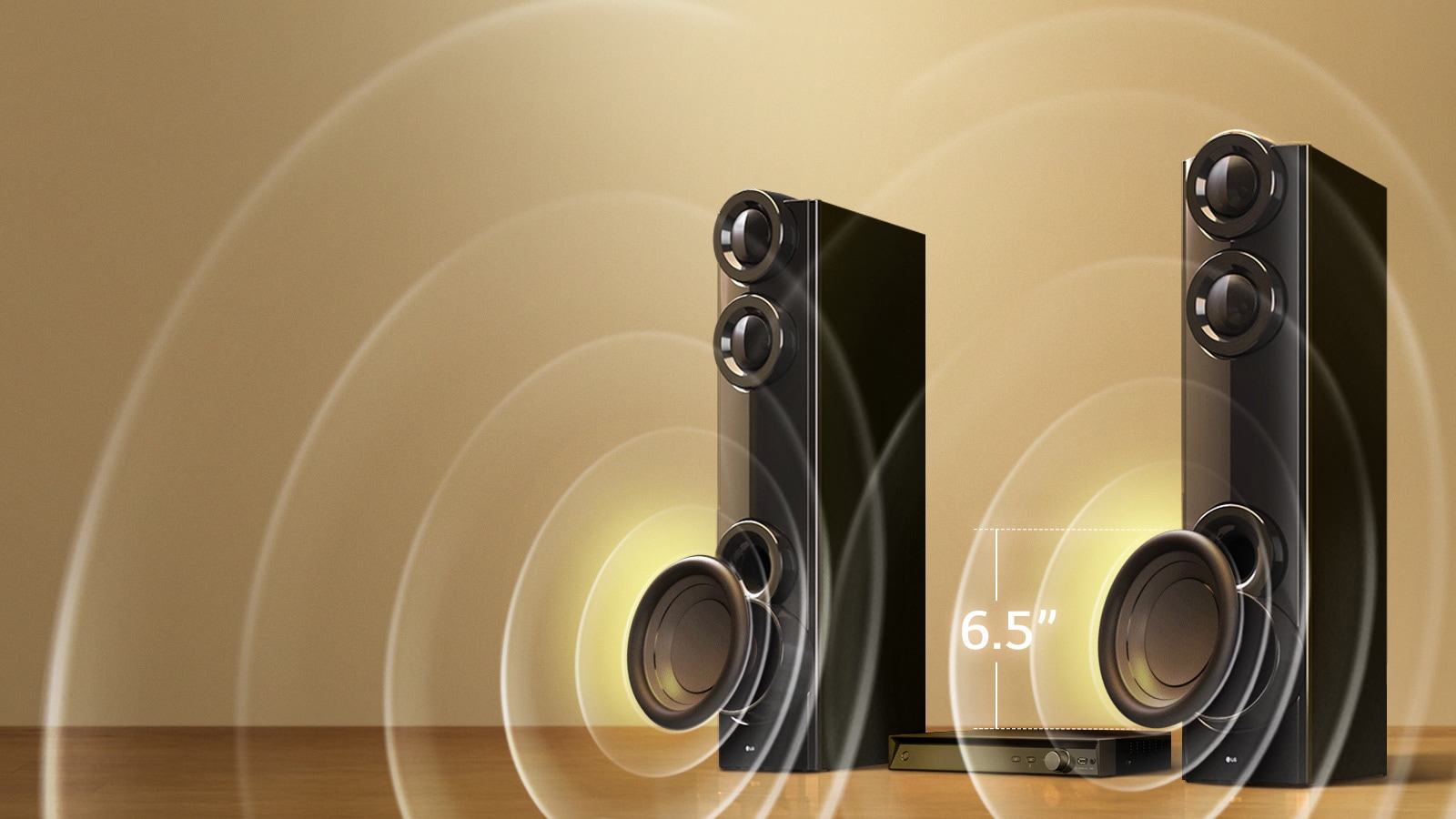 LG XBOOM MR7 speakers featuring dual 6.5-inch subwoofers delivering deep bass, with highlighted woofer detail and sound wave effects