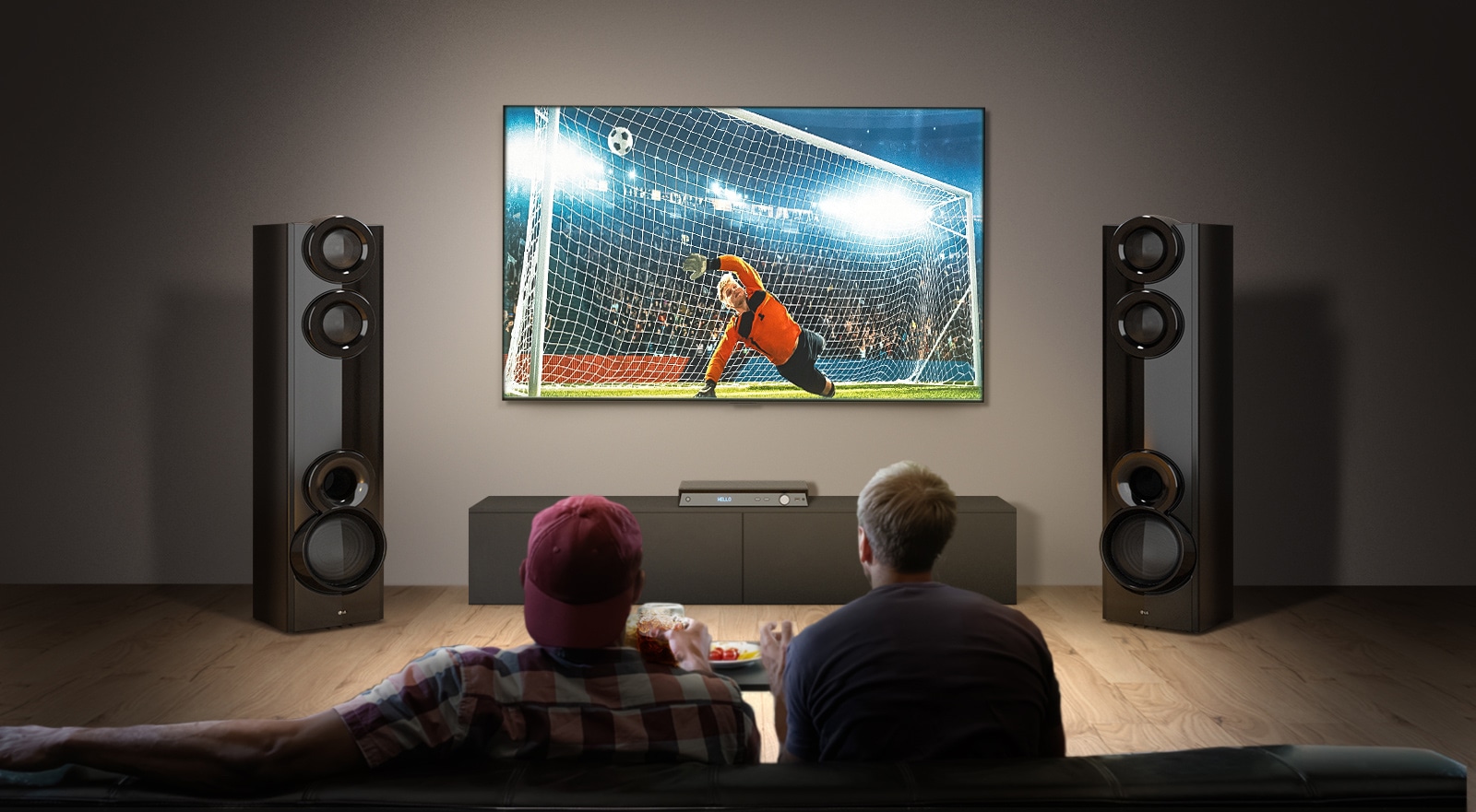 Dual tower speakers enhancing sports viewing with wider soundstage and immersive stadium audio