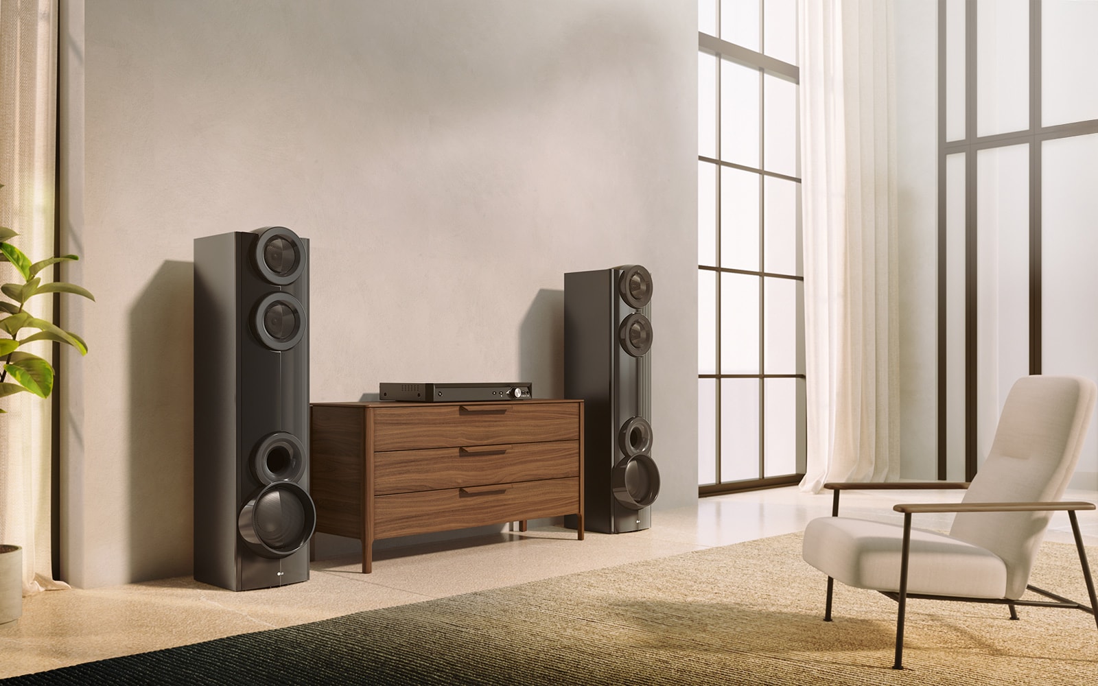 Dual tower speakers placed in a modern living room interior with space-saving design