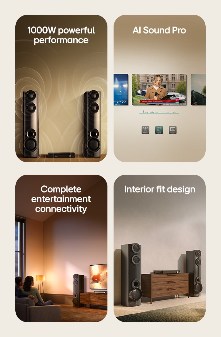 1) LG XBOOM MR7 1000W powerful sound system with dual tower speakers and visible sound waves illustrating room-filling audio performance 2) AI Sound Pro adjusting audio for music, voice, and cinema content on a TV display 3) Home entertainment setup with dual tower speakers connected to TV for movies and streaming content 4) Dual tower speakers placed in a modern living room interior with space-saving design