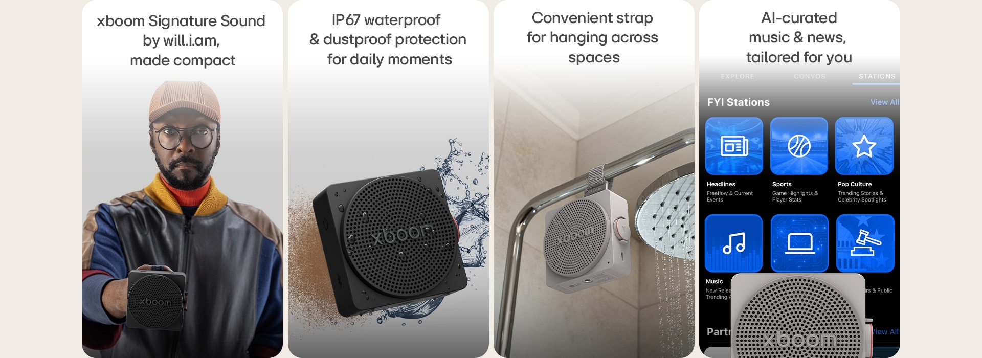 "1) LG xboom mini compact portable bluetooth speaker with signature sound by will.i.am 2) LG xboom mini bluetooth hangable speakers, with a convenient strap for easy hanging in any space 3) LG xboom mini bluetooth speaker with IP67 waterproof and dustproof protection for daily use 4) LG xboom mini connected to a smartphone, showing an AI-curated interface with personalized music and news"	