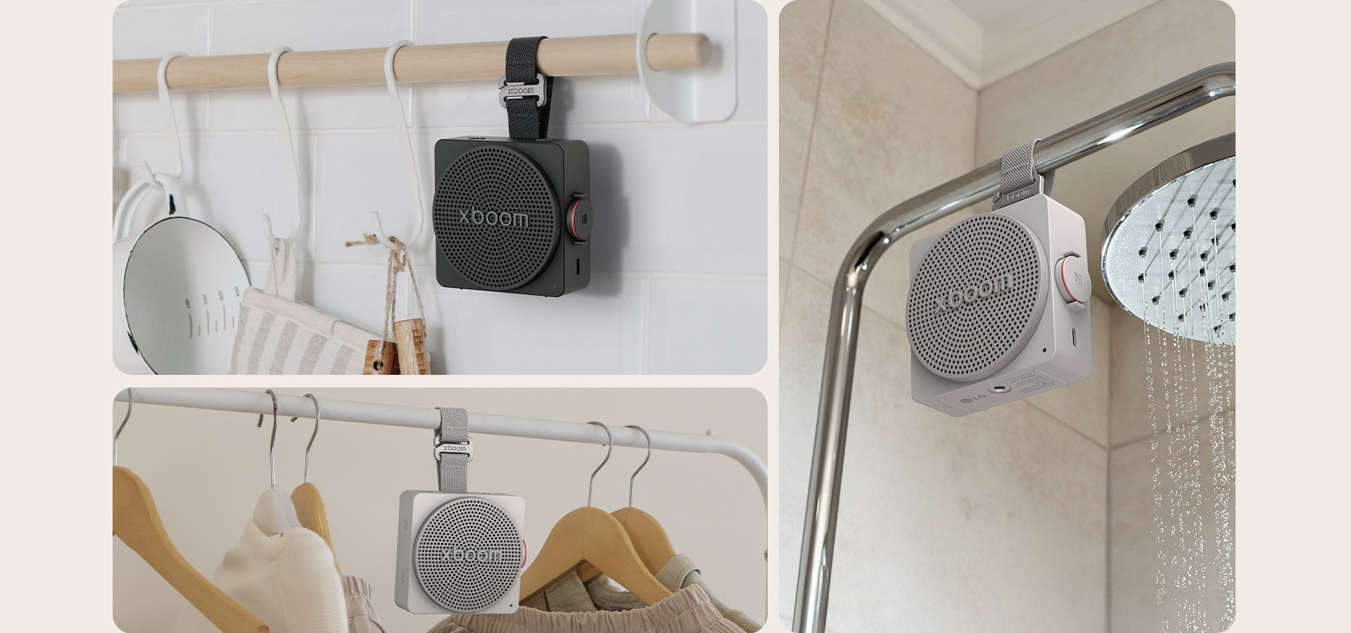 "1) LG xboom mini black-colored, a portable bluetooth speaker with a strong hanging strap on a kitchen rail 2) LG xboom mini beige-colored, a mini, cube designed bluetooth speaker with a strap hanging on a clothing rack with hangers 3) LG xboom mini black-colored, a small portable bluetooth speaker hanging from a shower bar in a bathroom"	