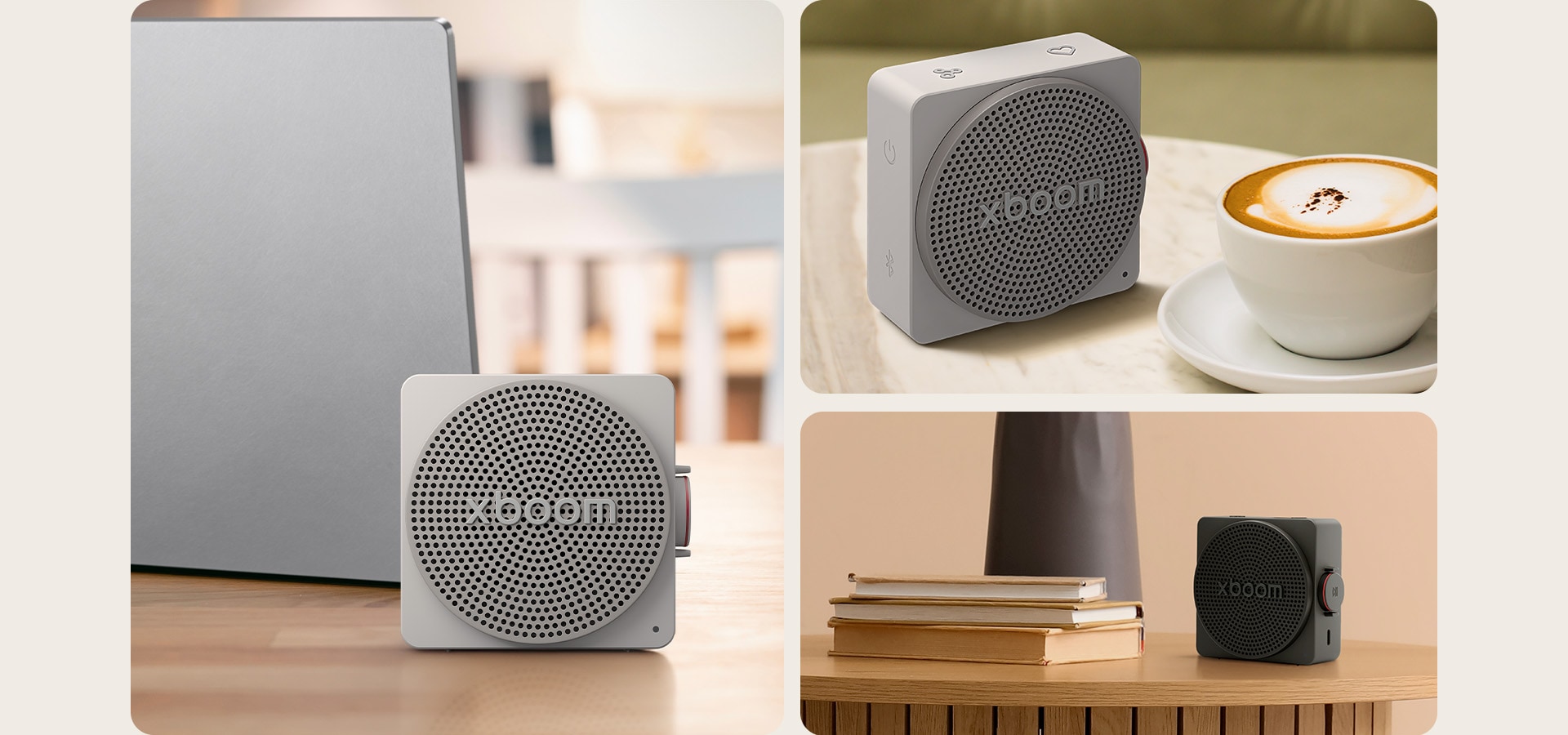 "1) LG xboom mini grey-colored, placed on a desk next to a laptop, showing a compact bluetooth speaker with a lifestyle-fit design for indoor 2) LG xboom mini grey-colored on a coffee table, a compact bluetooth speaker with space-filling sound for both indoor and outdoor use 3) LG xboom mini black-colored placed among books and objects, a small bluetooth speaker designed for convenient everyday use"	