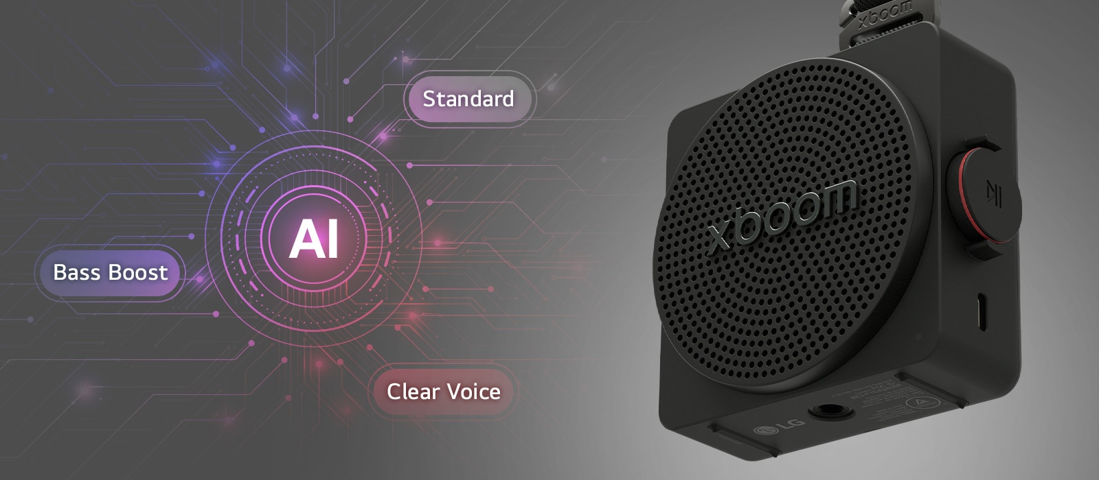 LG xboom mini portable bluetooth speaker adpated with AI sound modes (bass boost, AI analysis, voice enhance) to improve music balance and sound clarity	