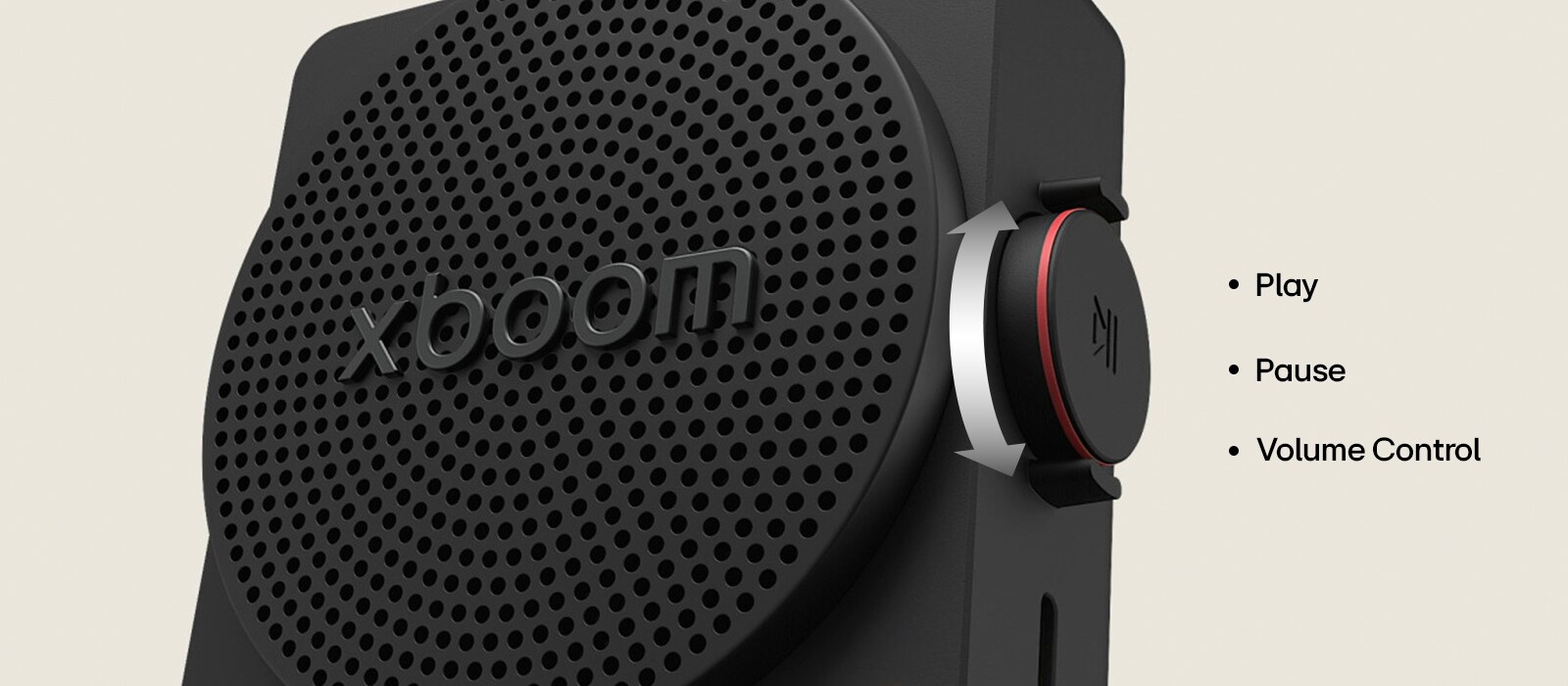 LG xboom mini physical rotary knob for volume control with turn-and-click button for instant access to FYI AI Radio	