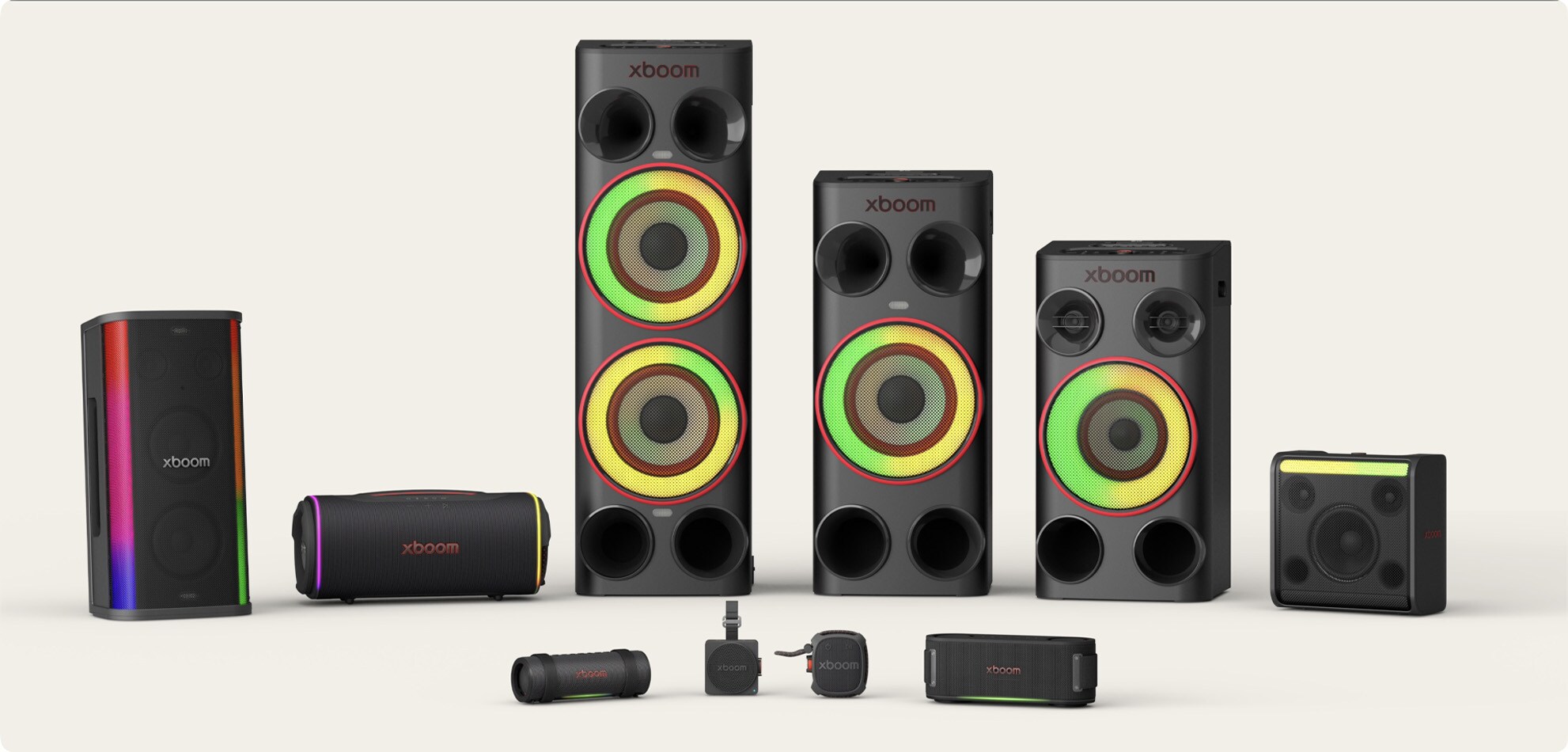 LG xboom lineup with synchronized lighting effects across multiple speakers, creating one connected beat and synchronized glow	