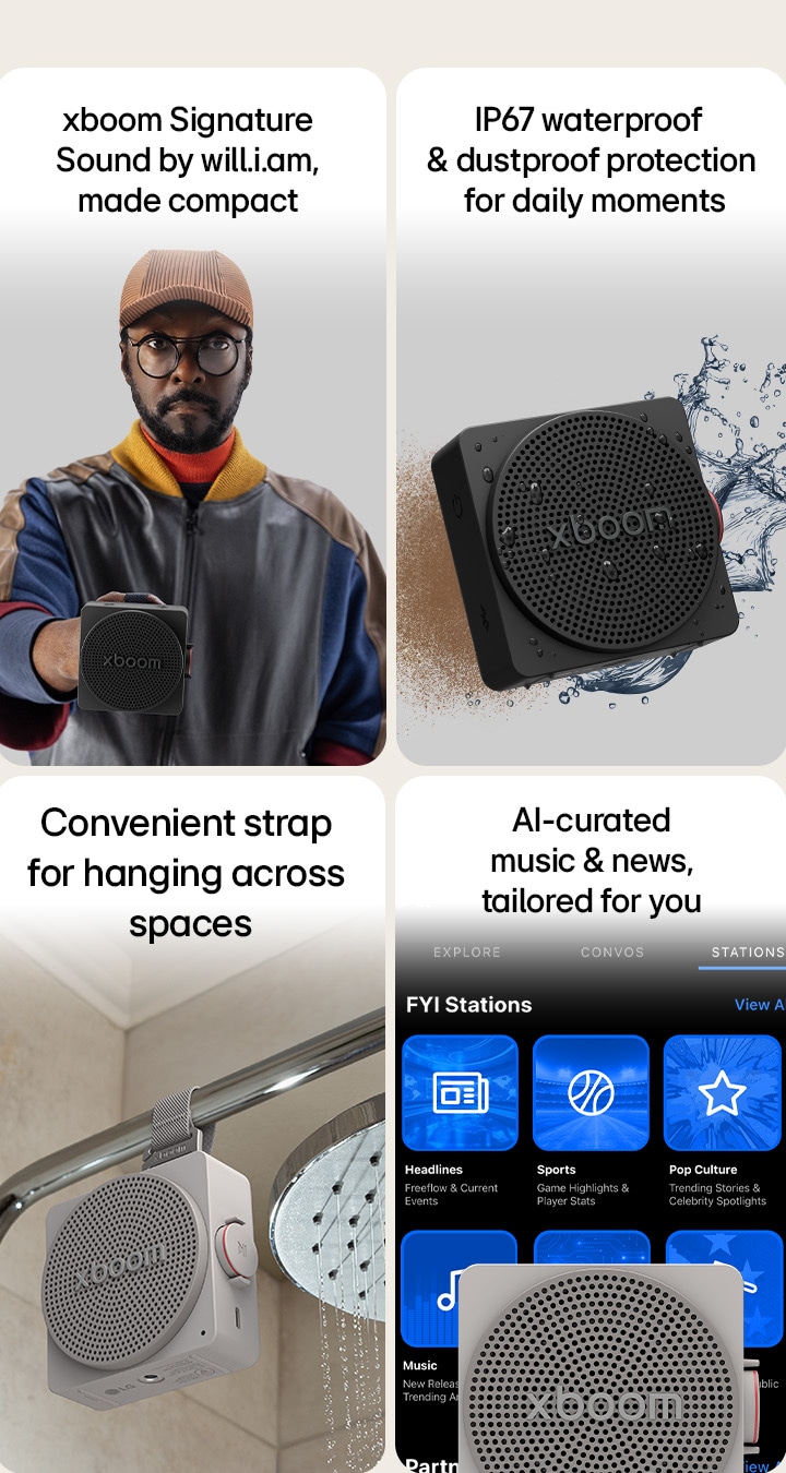 "1) LG xboom mini compact portable bluetooth speaker with signature sound by will.i.am 2) LG xboom mini bluetooth hangable speakers, with a convenient strap for easy hanging in any space 3) LG xboom mini bluetooth speaker with IP67 waterproof and dustproof protection for daily use 4) LG xboom mini connected to a smartphone, showing an AI-curated interface with personalized music and news"	