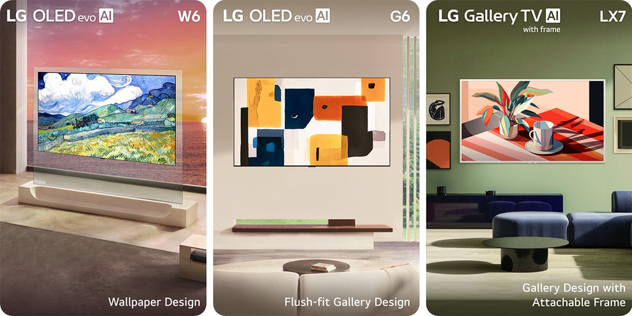 LG Lifestyle Screen lineup showcases LG OLED evo AI W6 Wallpaper TV, LG OLED evo AI G6, and LG Gallery TV with frame LX7 ART TV, each featuring Wallpaper Design, Flush-fit Gallery Design, and Gallery Design with Attachable Frame across distinct interior settings.