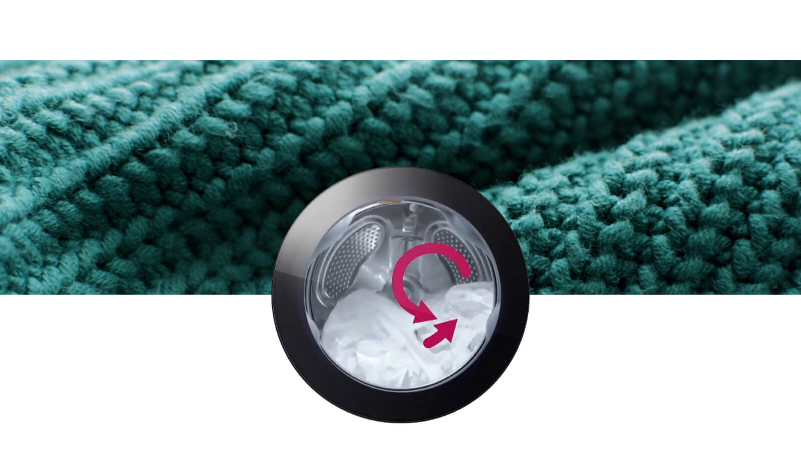 As the background changes to sweaters, soft cotton, and jeans, a washing pattern that fits the fabric is activated.