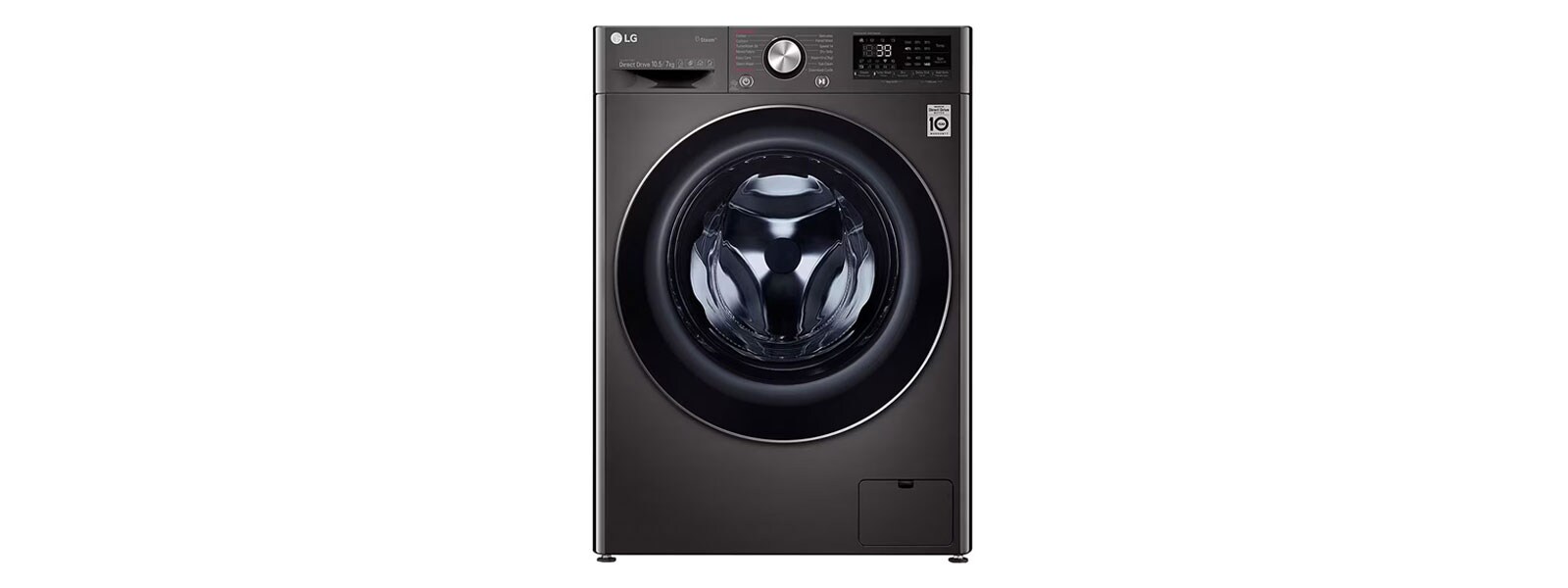 Black coloured LG washing machine with black washing machine drum, large central control dial, digital control panel and dispensing drawer: LG TurboWash™ F4V5RGPYJE
