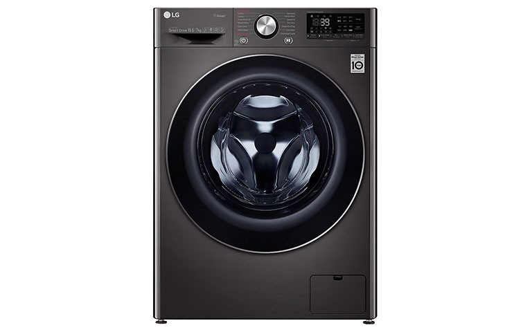 Black coloured LG washing machine with black washing machine drum, large central control dial, digital control panel and dispensing drawer: LG TurboWash™ F4V5RGPYJE