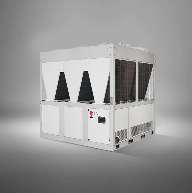 On display is an LG Air-cooled Inverter Scroll Heat Pump, characterized by a rectangular base and a triangular top structure, rendered in a white.