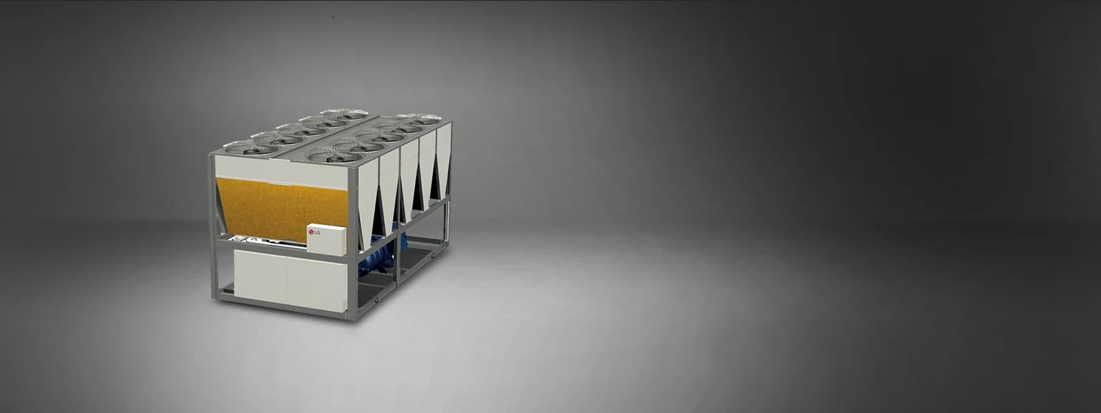 Displayed is an LG Air-cooled Screw Heat Pump in grey and white, with a rectangular fan and gold-coated, bare fin structure.