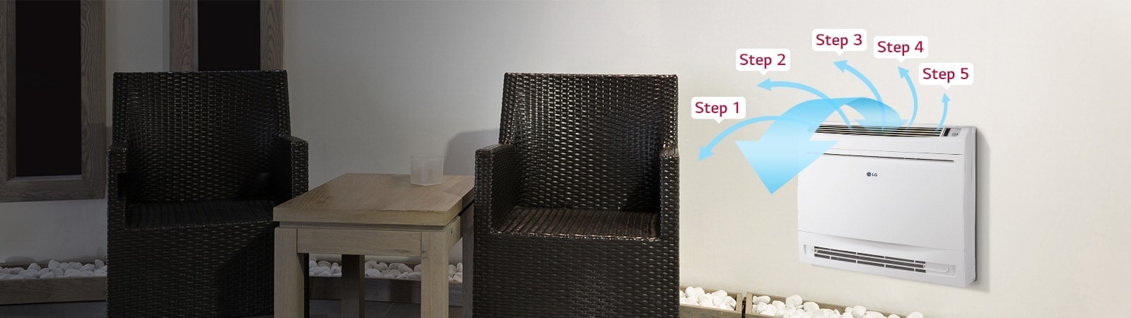 Mounted on the wall adjacent to a pair of outdoor chairs, the LG Single Split Console disperses visible air flow into five different stages.