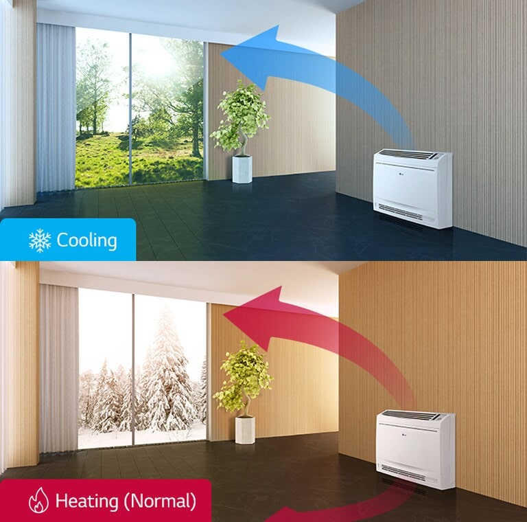 LG Single Split Console delivers cool airflow towards the ceiling on its left side, while providing warm airflow towards the floor on its right side.