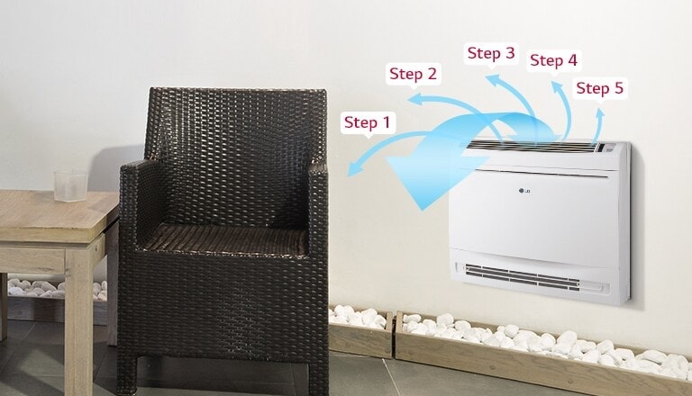 Mounted on the wall adjacent to a pair of outdoor chairs, the LG Single Split Console disperses visible air flow into five different stages.