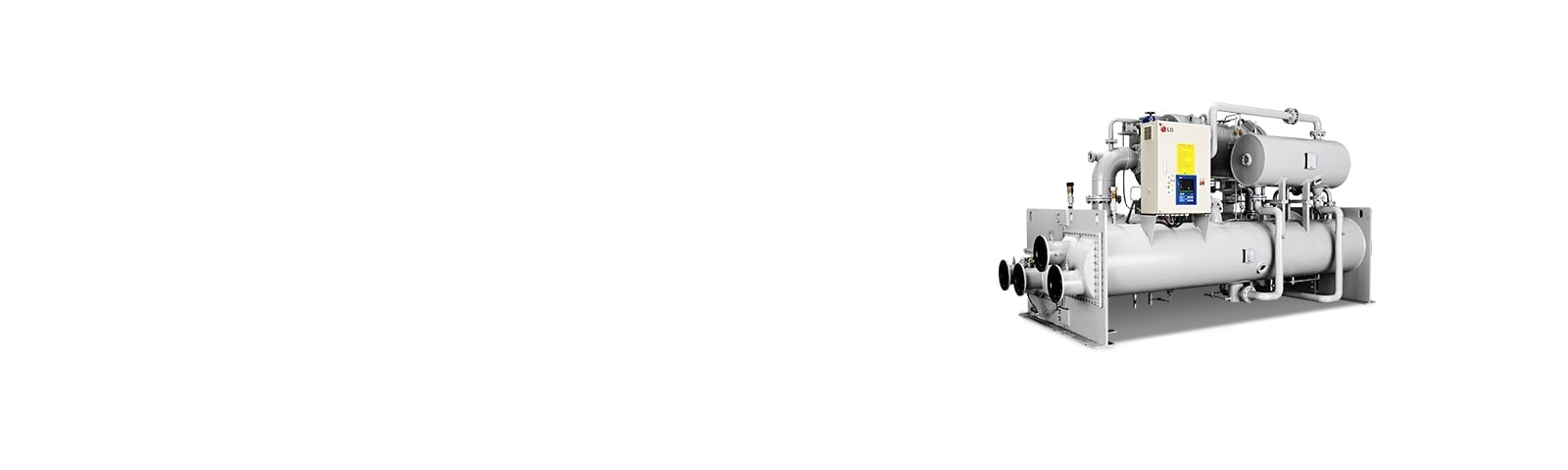 LG Ice Thermal Storage Centrifugal Chiller, showcased in a light grey hue, consists of a series of linear and cylindrical pipe assemblies.