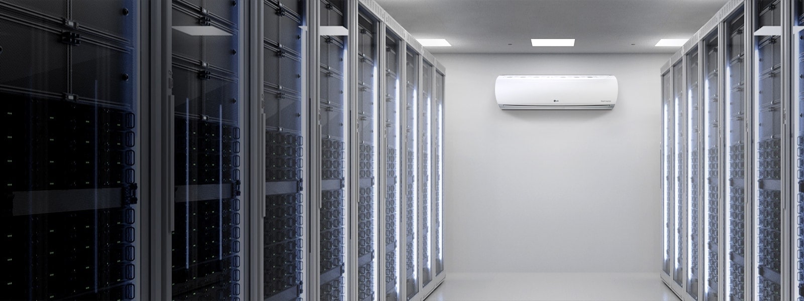 LG Wall Mounted Unit placed in the center of a room that resembles a server room, with two racks situated on each side of the room, left and right.