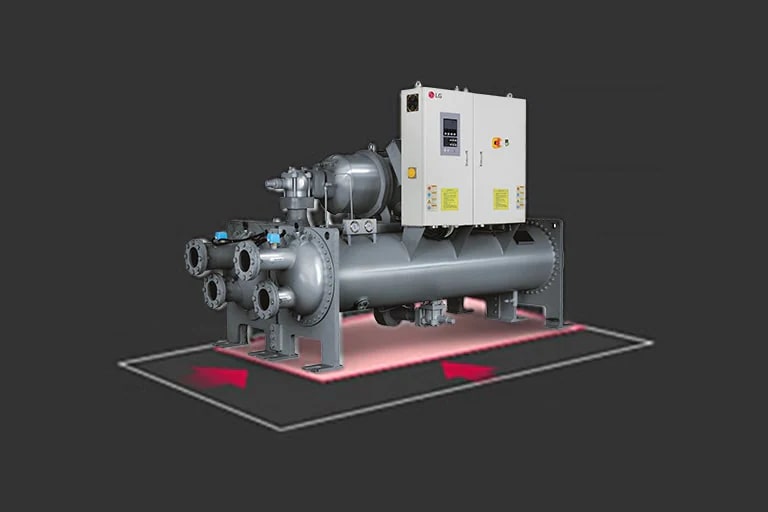 LG  Water-cooled Screw Heat Pump at the center is highlighted with a white box-shaped line, accompanied by a red arrow indicating the reduced size.