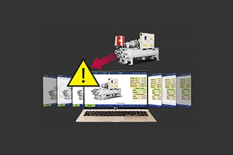 Laptop screen shows  Water-cooled Screw Heat Pump and diagnosis data. Yellow triangle with exclamation mark placed at top left corner.