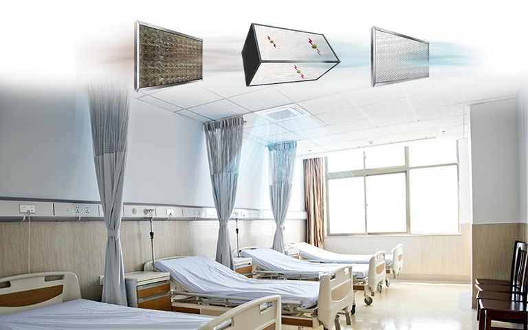 An image of air conditioner with three filters on the ceiling and a patient room with air conditioning on.