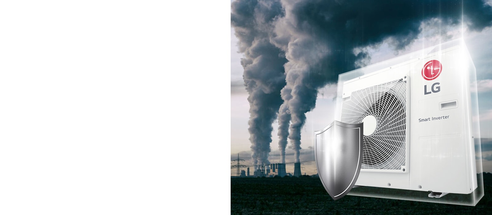 LG Smart Inverter stands on the right as factories emit smog behind; unit is in a transparent casing.
