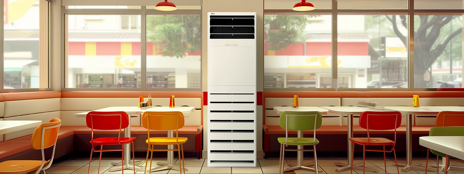 LG Floor Standing Unit cools a retro diner with colorful seats, booths, and a window street view.