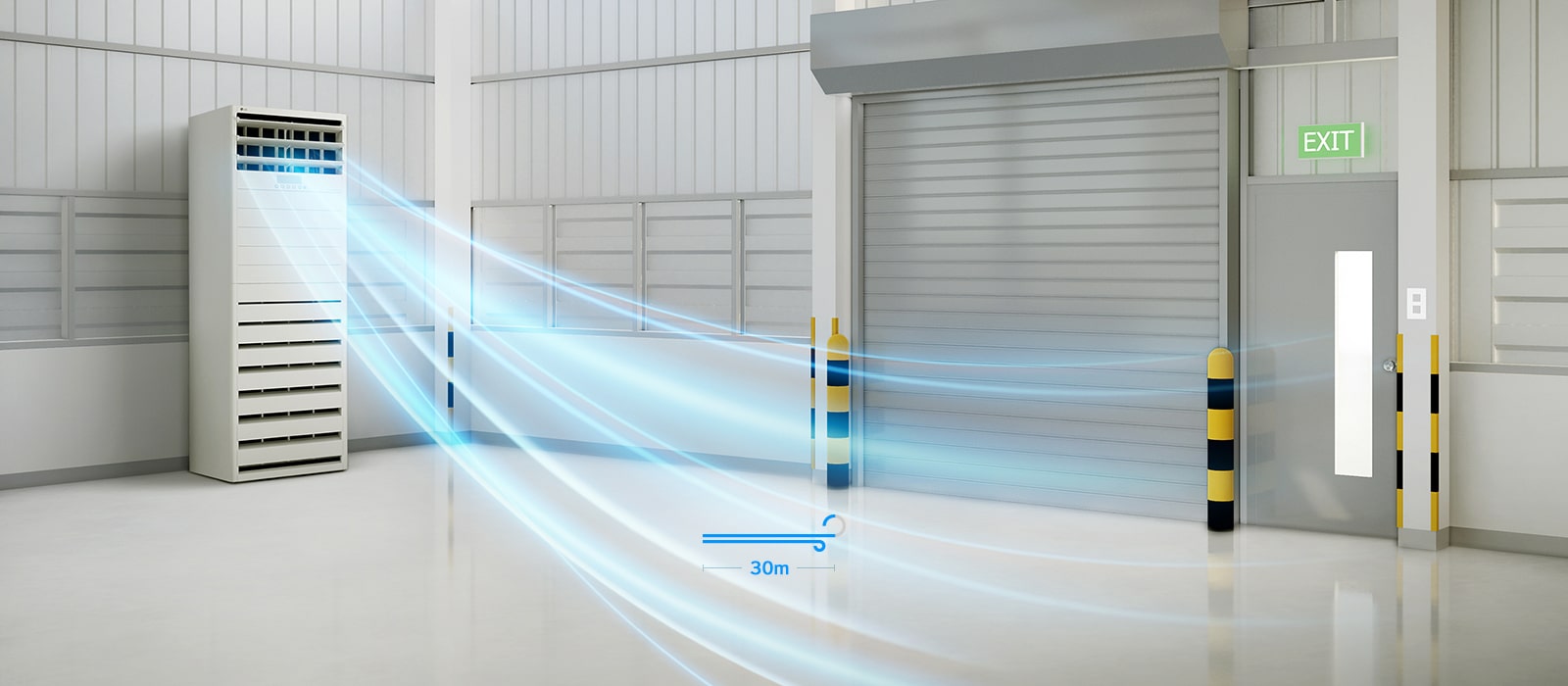 Powerful airflow from LG Floor Unit cools a large industrial space, shown by blue 30-meter streams.