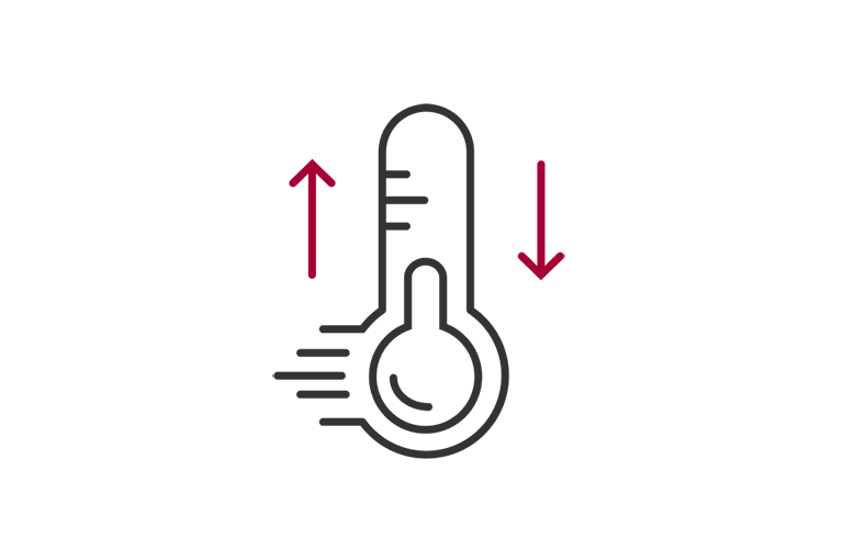 A line-drawn thermometer icon with a red upward arrow on the left and a downward arrow on the right indicates quick temperature control for both heating and cooling. 