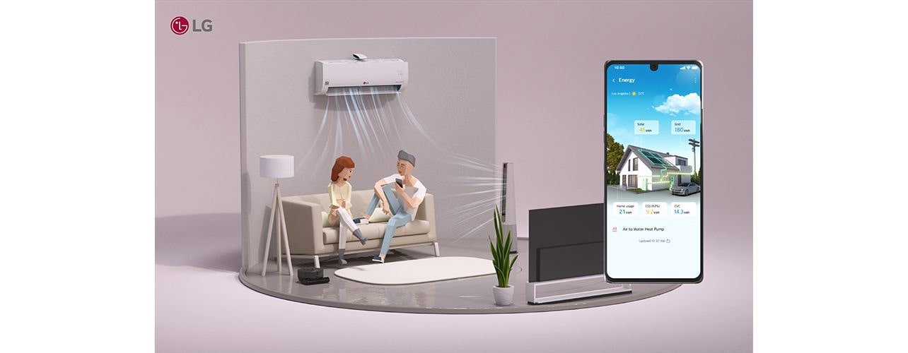 LG system managing home energy and air conditioning via a smartphone app.