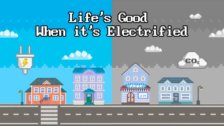 Two houses are shown on a split screen, one showing a house that runs only on electricity and the other showing a house that runs on carbon dioxide.