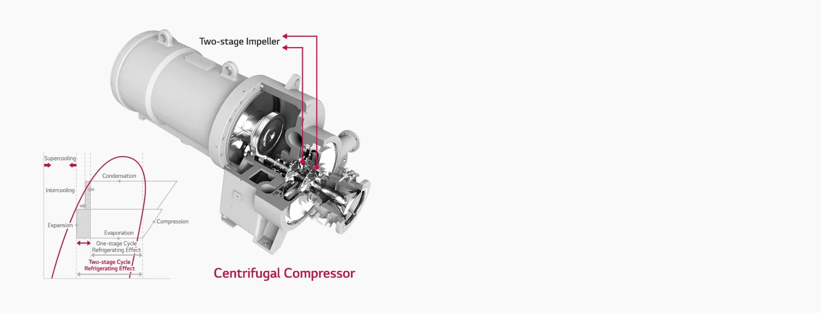 Inside view of a high-efficiency two-stage compressor, the following graph shows energy efficiency improvement over a one-stage compressor.