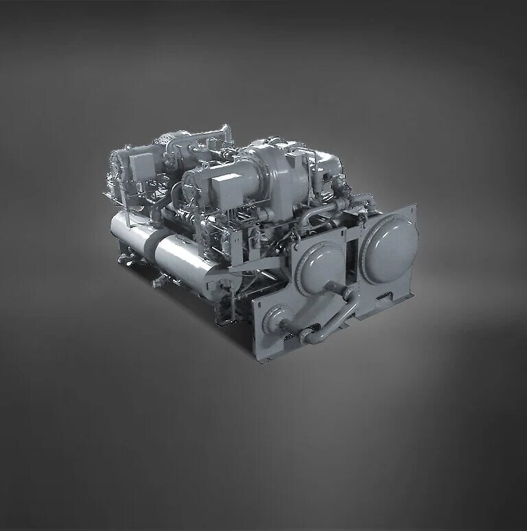 A large LG Centrifugal Heat Pump, rendered in a grey tone and composed of circular and rectangular shapes, is displayed on the right.